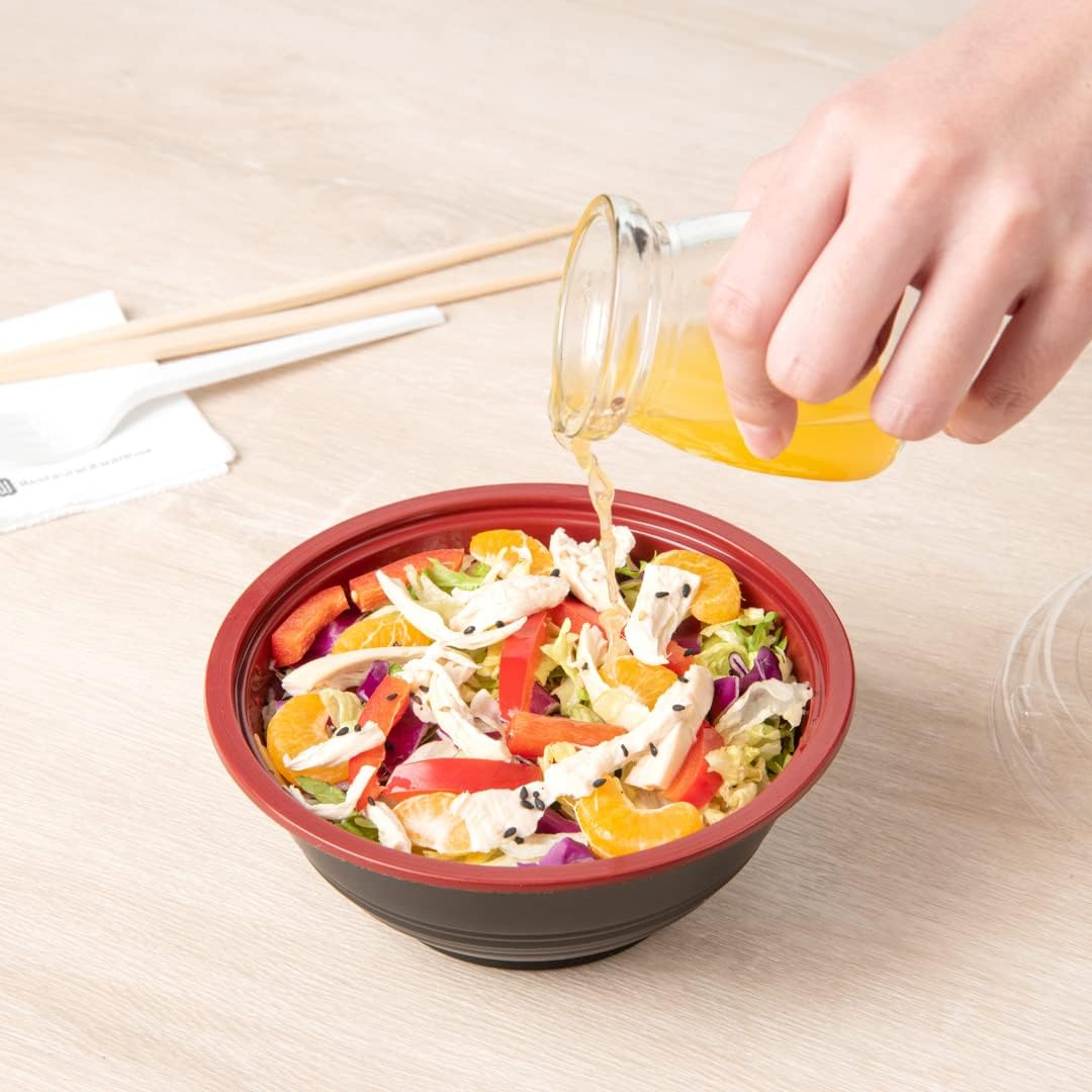 Restaurantware 18 Ounce Food Containers 200 Disposable Salad Bowls - Lids Included Microwavable Black And Red Plastic To Go Bowls Asian Inspired Perfect For Picnics Or Take Outs