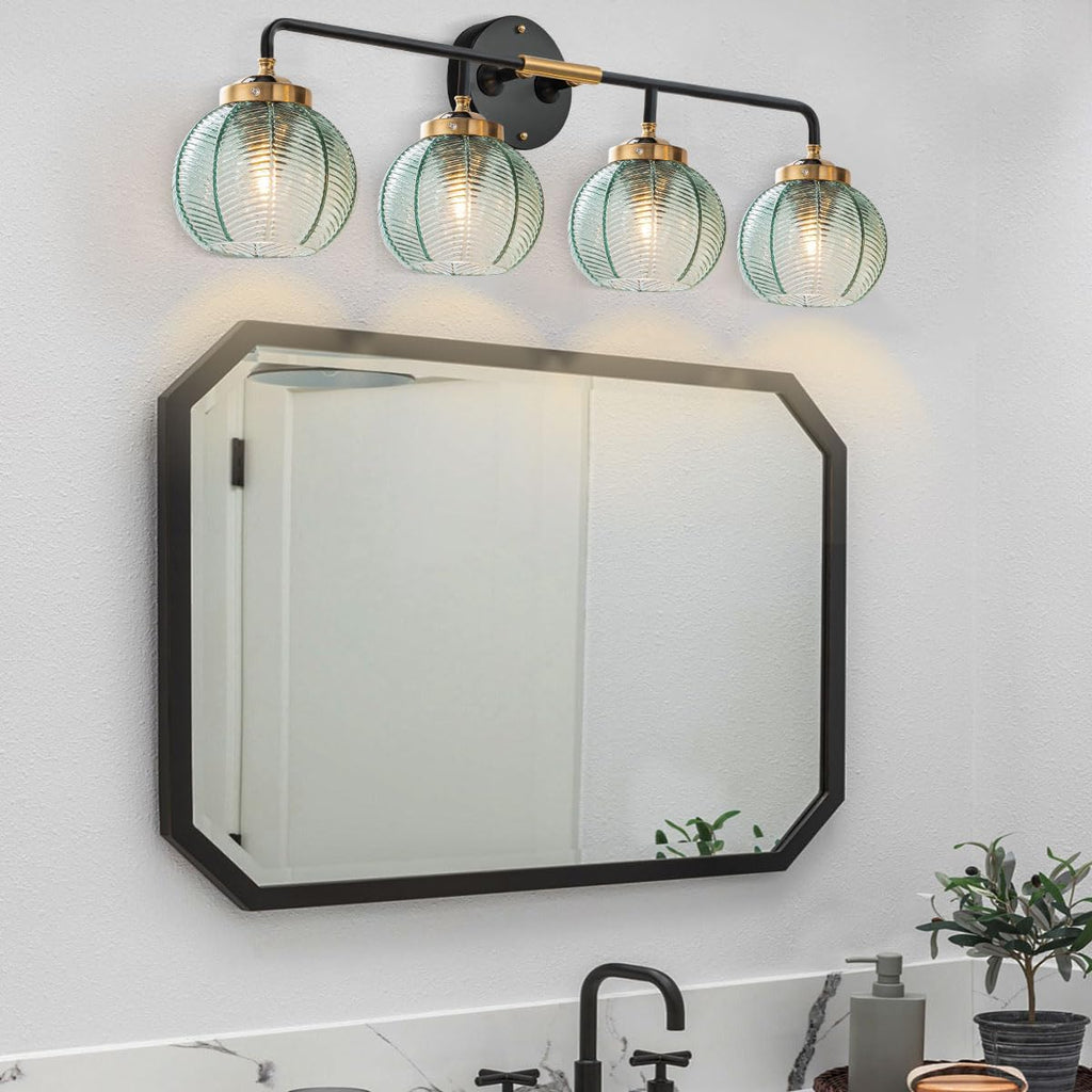 4-Lights Bathroom Light fixtures Glass Vanity Light Green Bathroom Sconce Mid Century Modern Wall Lamp,Black Gold Art Deco Vanity Light for Over Mirror Bedroom Hallway Dining Room