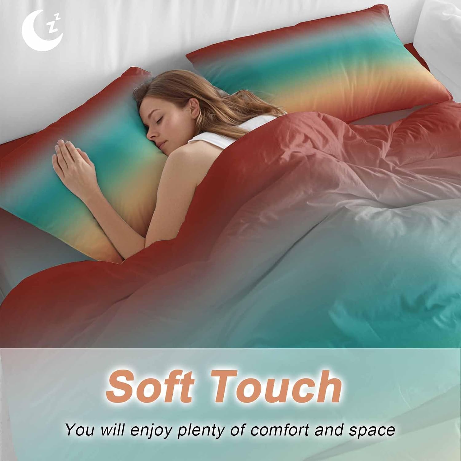 Bohemian Gradient Red Duvet Cover Set Queen Size 4 Pieces Modern Minimalist Green Yellow Ocean Beach Bedding Set with Zipper Closure, 1 Comforter Cover 92x106 Inches 1 Flat Sheet & 2 Pillow Cases