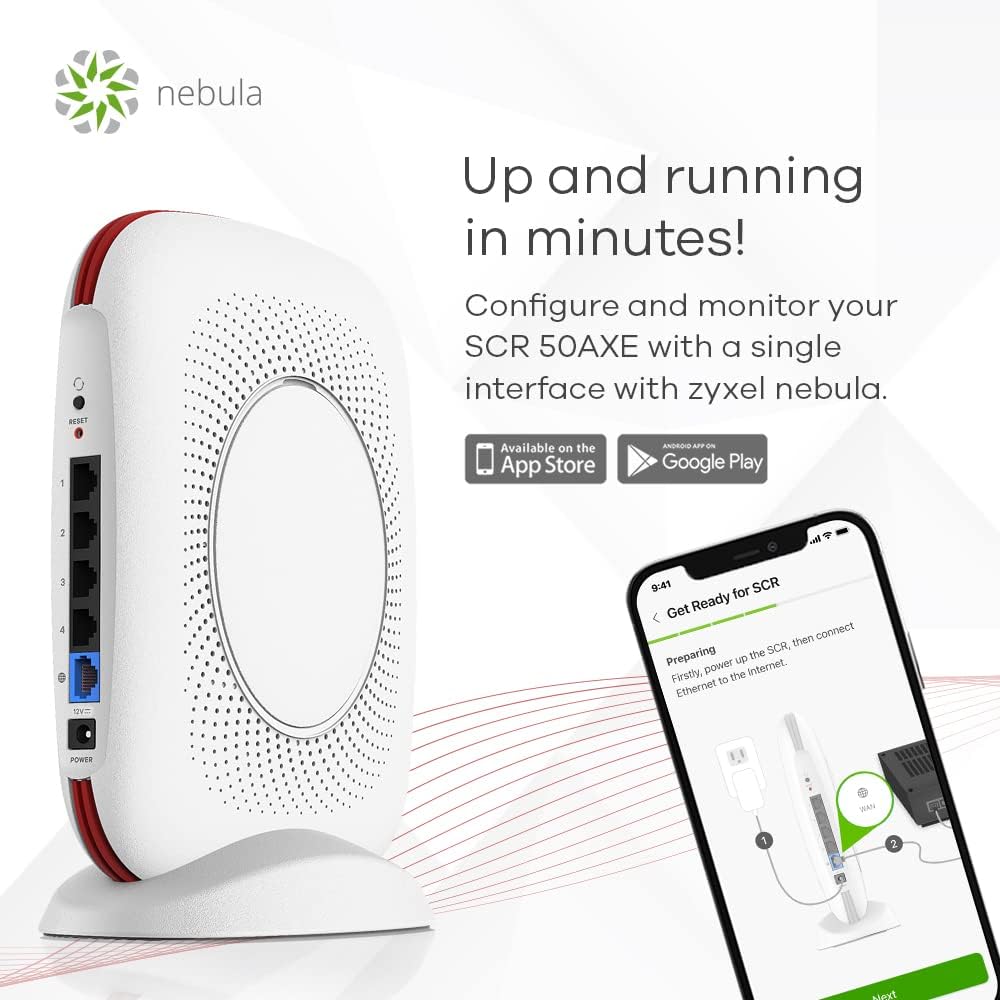 Zyxel Secure Cloud-Managed Router with AXE5400 Tri-Band WiFi Subscription-Free Network Security, Manageable via Nebula APP/Ideal for Small Office/Small Branch. [SCR 50AXE]