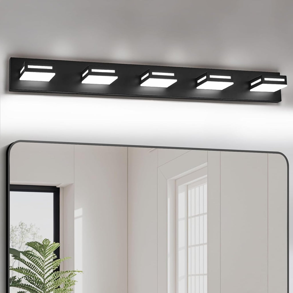 LED Modern Bathroom Light Fixtures, 5-Light 40-Inch Matte Black Vanity Lights for Bathroom Lighting Fixtures Over Mirror, 6000K Cool White 350° Rotatable Wall Lamp