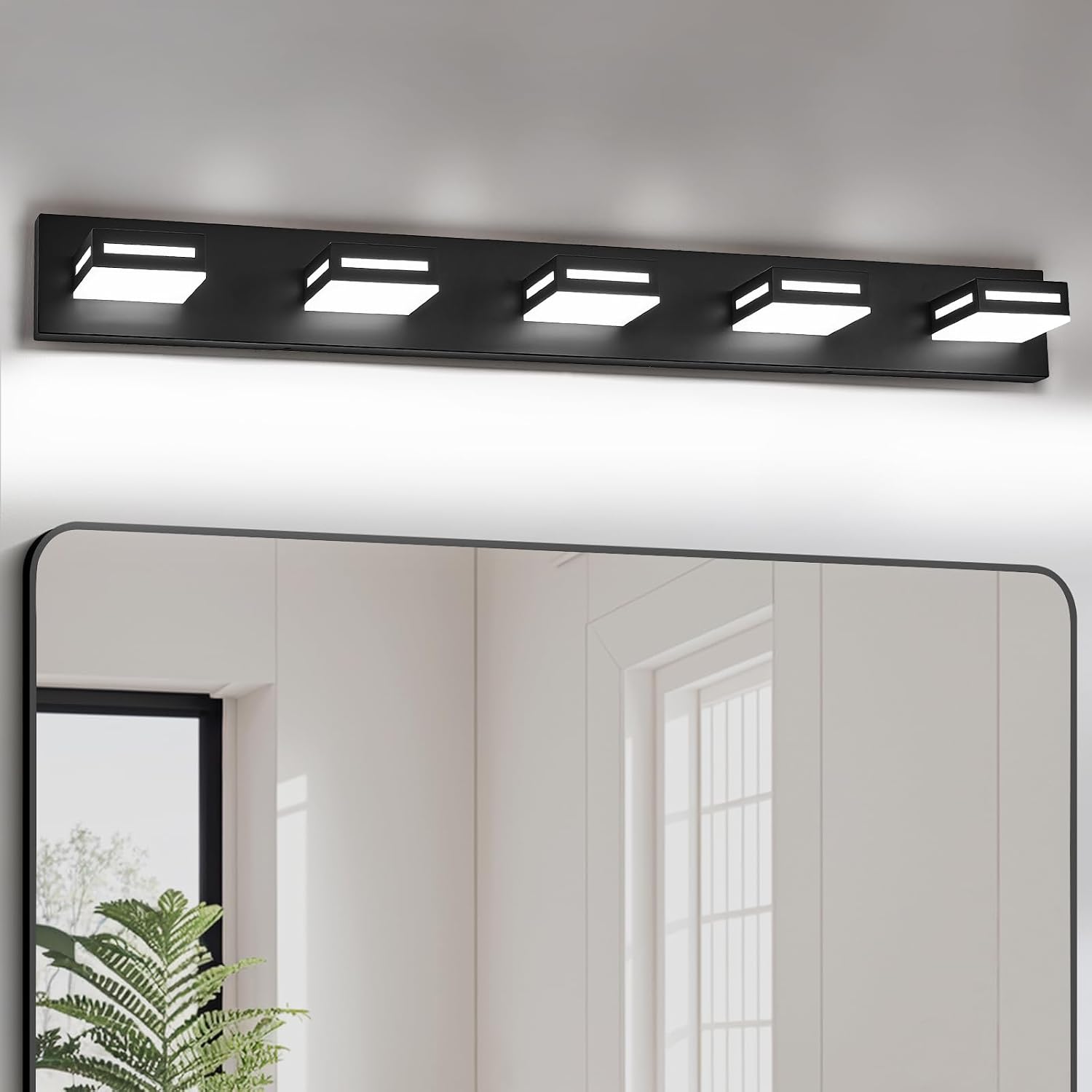 LED Modern Bathroom Light Fixtures, 5-Light 40-Inch Matte Black Vanity Lights for Bathroom Lighting Fixtures Over Mirror, 6000K Cool White 350° Rotatable Wall Lamp