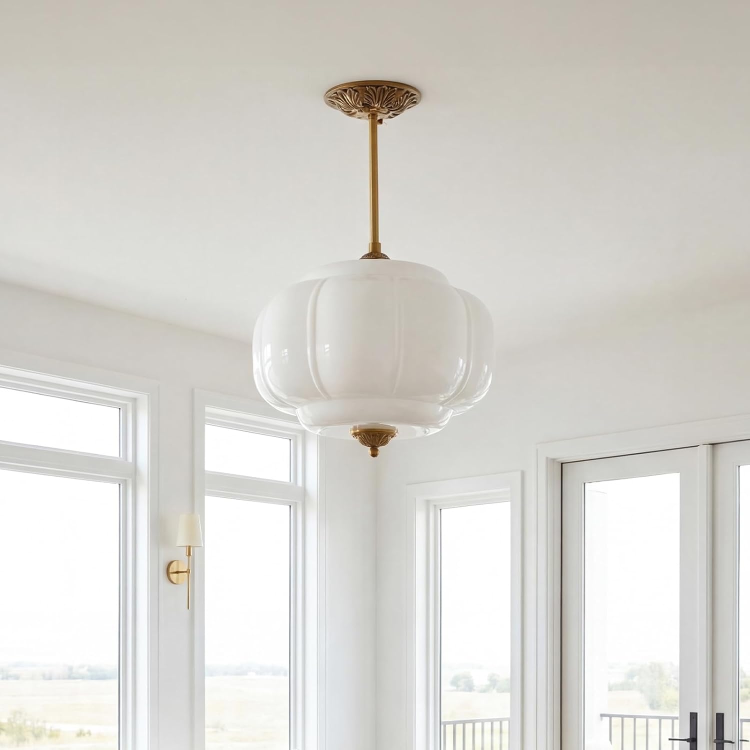Milk Glass Ceiling Light Fixture - Antique Brass Semi Flush Mount Pendant Light for Kitchen, Hallway, and Bedroom 15 inch (White 15 inch)