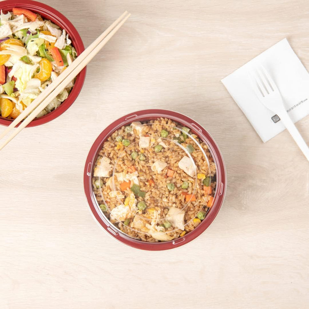 24 Ounce Food Containers, 200 Disposable Salad Bowls - Lids Included, Microwavable, Black And Red Plastic To Go Bowls, Asian Inspired, Perfect For Picnics, Or Take Outs - Restaurantware