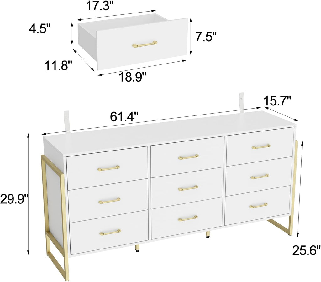 Homsee Extra Large 9 Drawer Double Dresser with Metal Legs, 61.4' L Modern Wood Dresser Chest of Drawers with Wide Storage Space for Bedroom, White