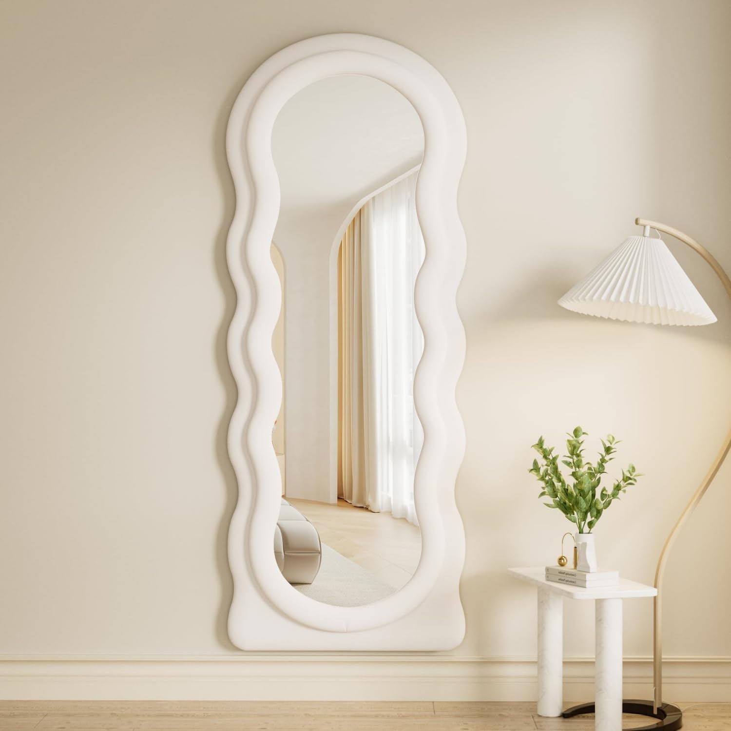Dewfig Full Length Mirror, 63' x 24'Irregular Wavy Mirror, Large Floor Length Mirrors Wall Mounted, Standing Wavy Mirrors with Flannel Wrapped Wooden Frame for Bedroom/Living Room, White