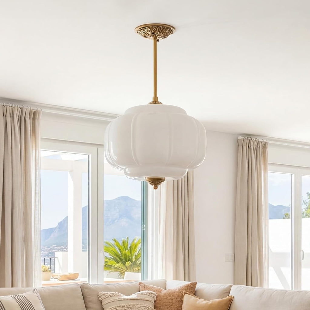 Milk Glass Ceiling Light Fixture - Antique Brass Semi Flush Mount Pendant Light for Kitchen, Hallway, and Bedroom 15 inch (White 15 inch)