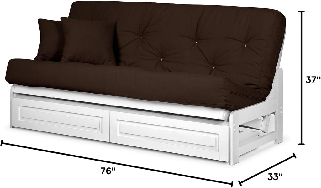 Nirvana Futons Arden Armless Futon Set with Storage Drawers - Includes White Full Size Frame and Microfiber Fudge Mattress