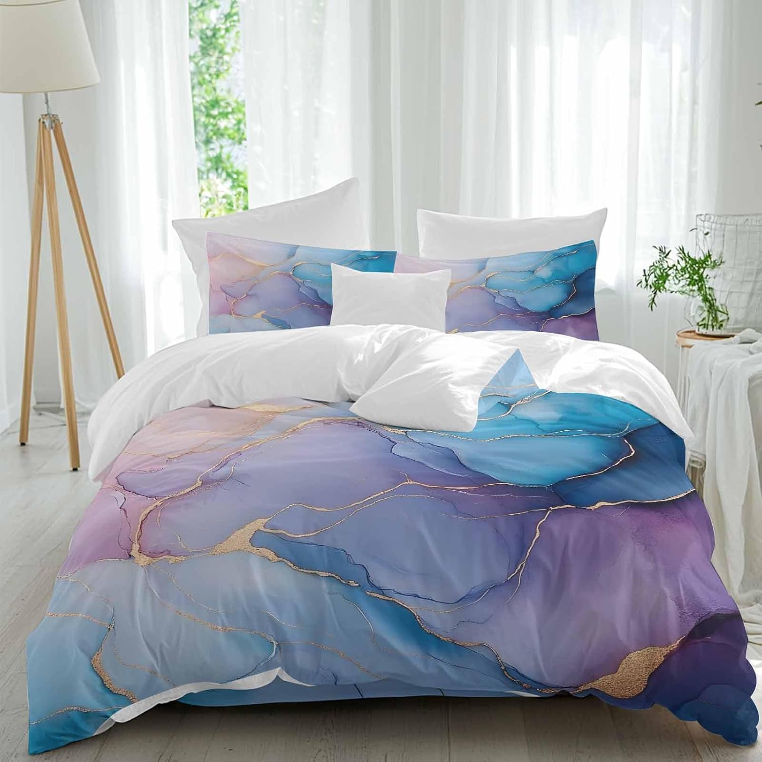 Prime Leader Abstract Impressionist Duvet Cover Set Queen Size 4 Pieces Blue Marble Texture Bedding Set with Zipper Closure, 1 Comforter Cover 92x106 Inches 1 Flat Sheet & 2 Pillow Cases