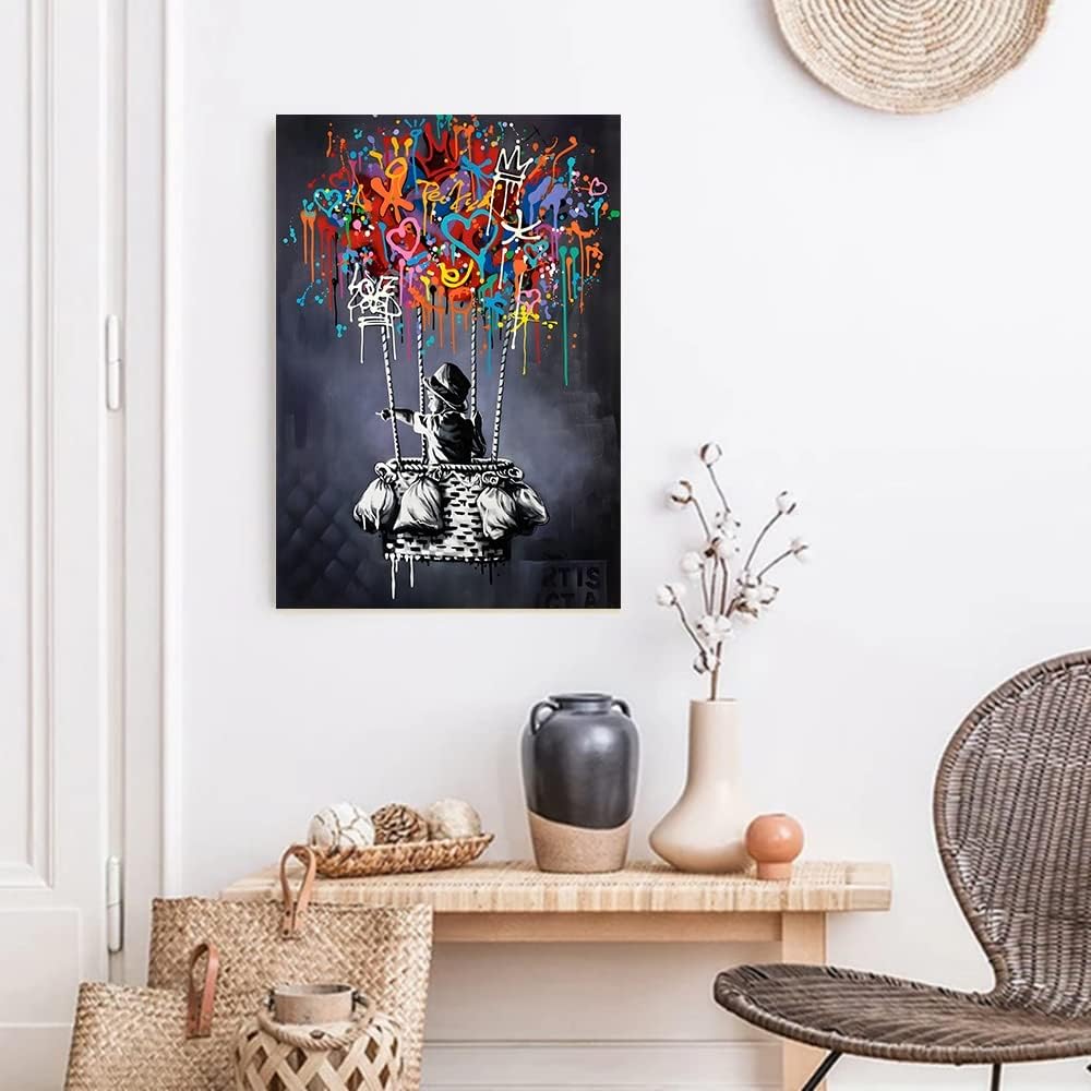 Framed Banksy Street Graffiti Wall Art Decor Large Abstract Pictures Canvas Painting Prints Colorful Modern Contemporary Poster Artwork Stretched for Wall Home Bathroom Bedroom Living Room Ready Hang (Framed Decor Art-01, 24x36inch (60x90cm))