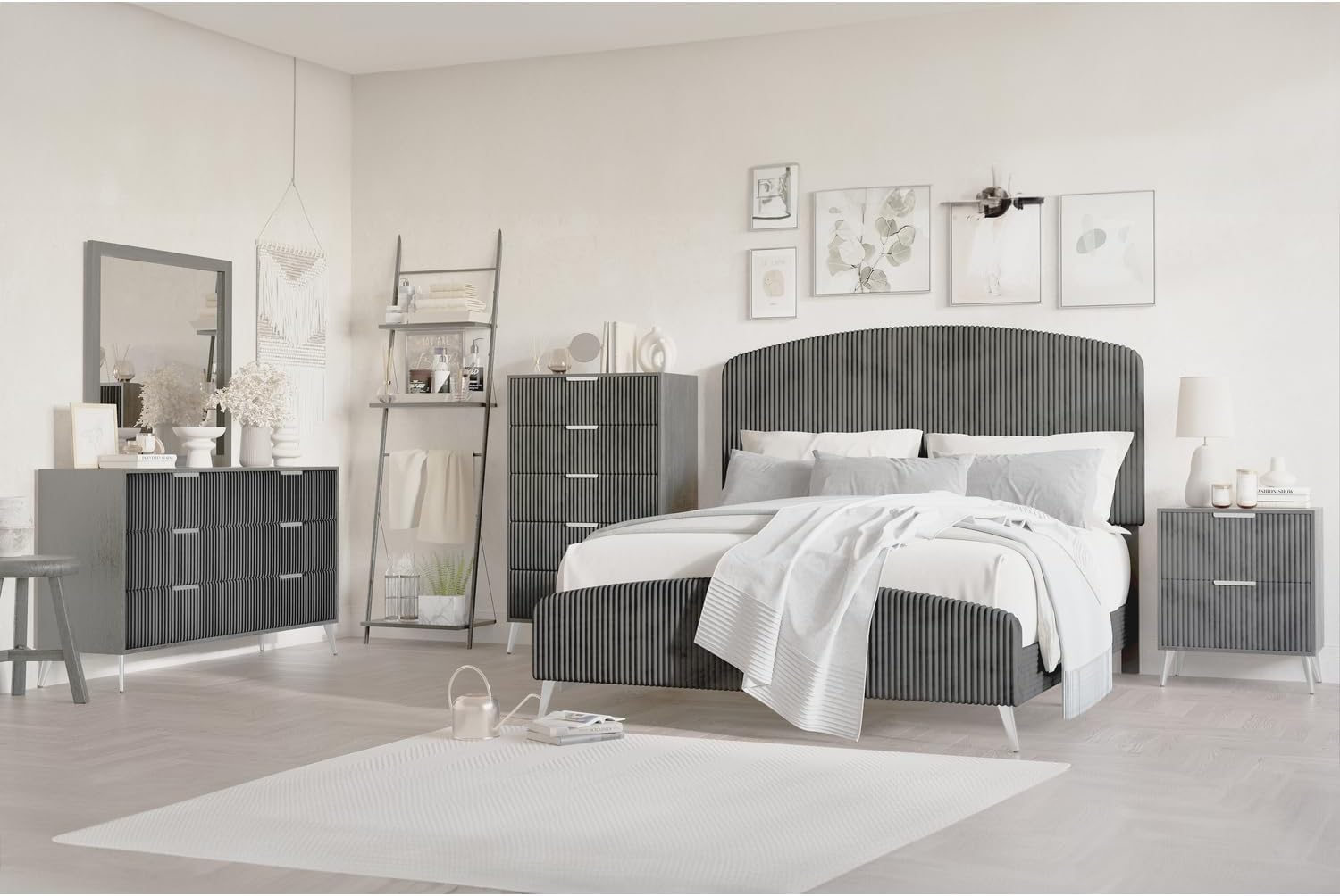 HomeStock Velvet Upholstered Panel Bed - Modern Bedroom Furniture - Gray California King