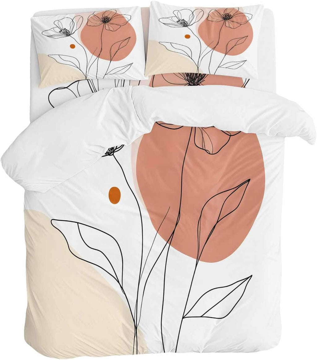 Prime Leader Floral Line Duvet Cover Set Queen Size 4 Pieces Minimalist Flower Modern Bedding Set with Zipper Closure, 1 Comforter Cover 86x86 Inches 1 Flat Sheet & 2 Pillow Cases