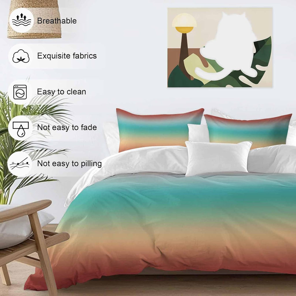 Bohemian Gradient Red Duvet Cover Set Queen Size 4 Pieces Modern Minimalist Green Yellow Ocean Beach Bedding Set with Zipper Closure, 1 Comforter Cover 86x86 Inches 1 Flat Sheet & 2 Pillow Cases