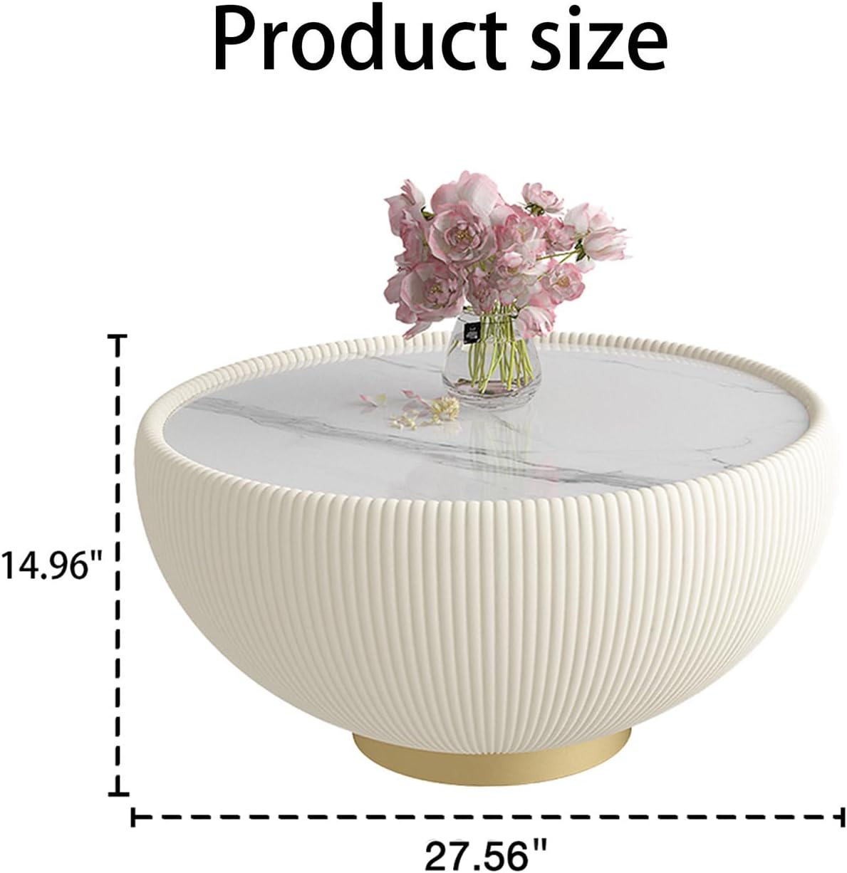 White Round Coffee Table, 27.56' Drum Coffee Table with Sintered Stone Tabletop and Fluted PU Leather Covered and Metal Base, Circle Cocktail Tea Table for Living Room