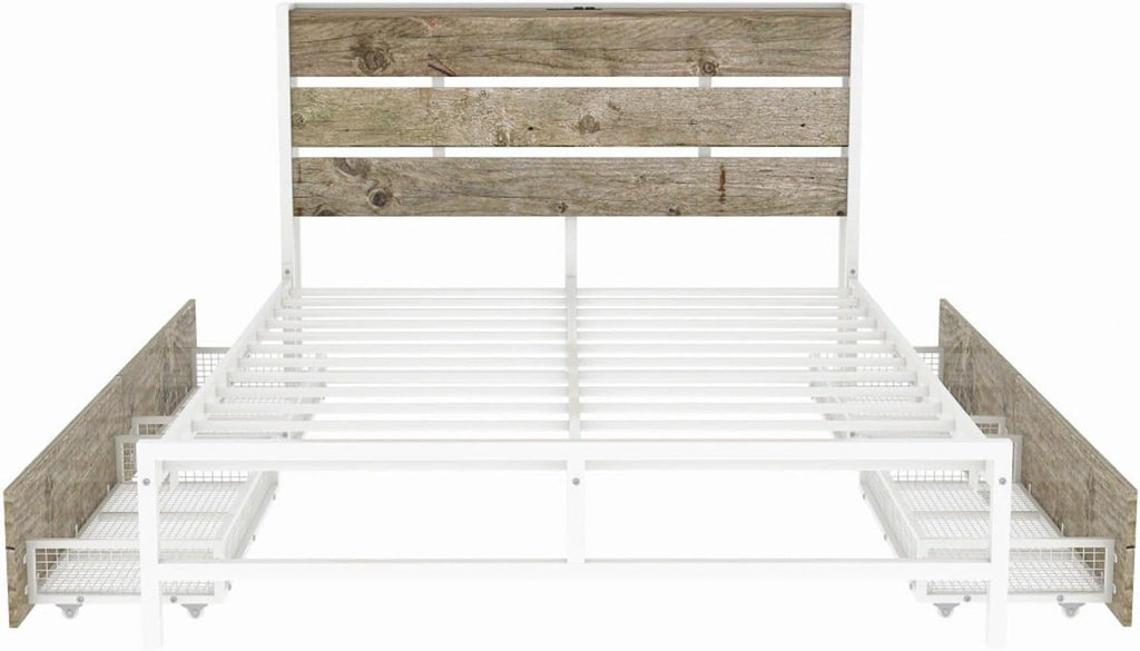 Rustic Wood Platform Bed Frame with 4-Drawer Storage, Charging Station Headboard, 12 Metal Slats, No Box Spring Needed, USB Ports & Outlets, Full Size Modern Bedroom Furniture Set