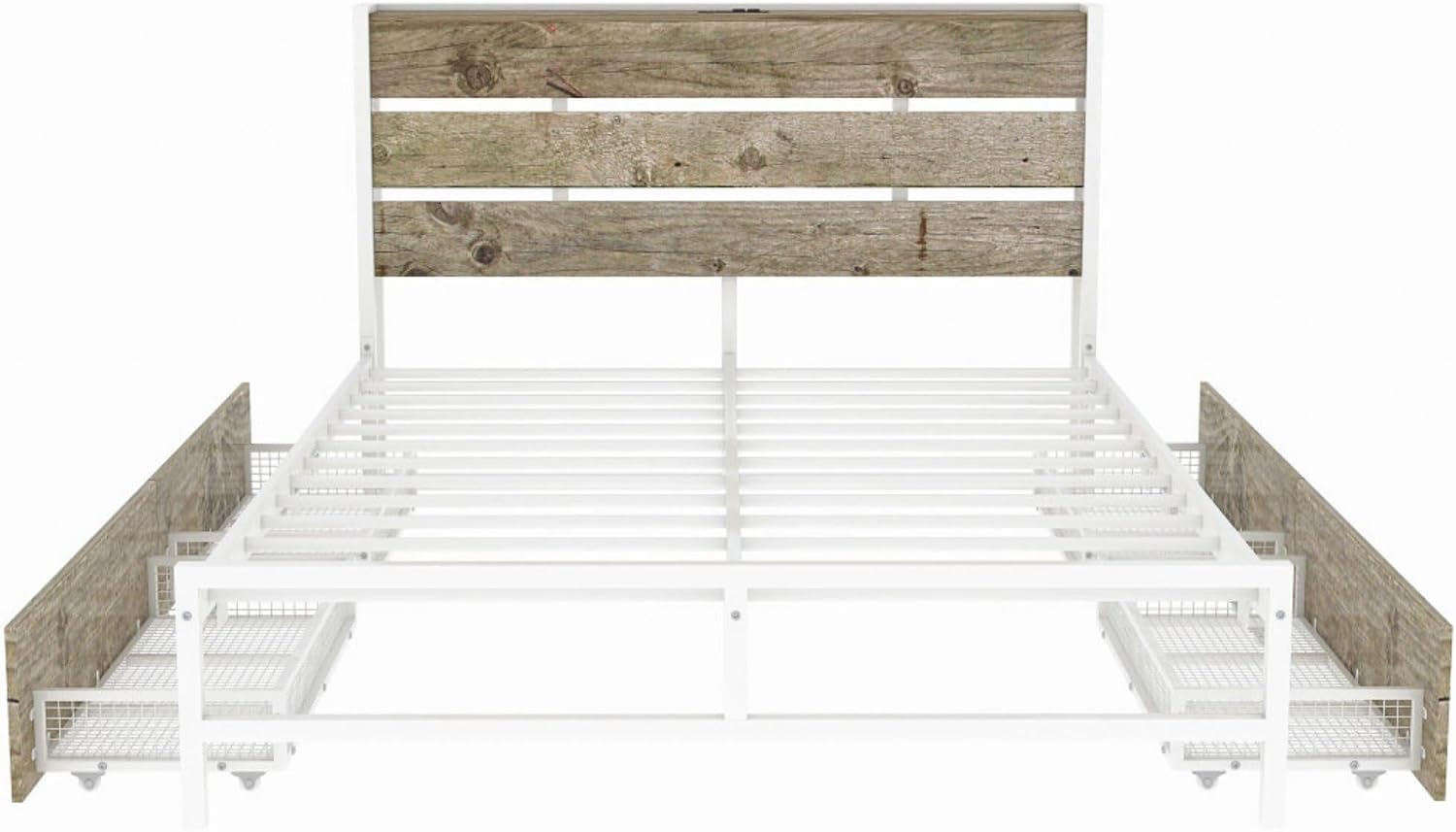 Rustic Wood Platform Bed Frame with 4-Drawer Storage, Charging Station Headboard, 12 Metal Slats, No Box Spring Needed, USB Ports & Outlets, Full Size Modern Bedroom Furniture Set