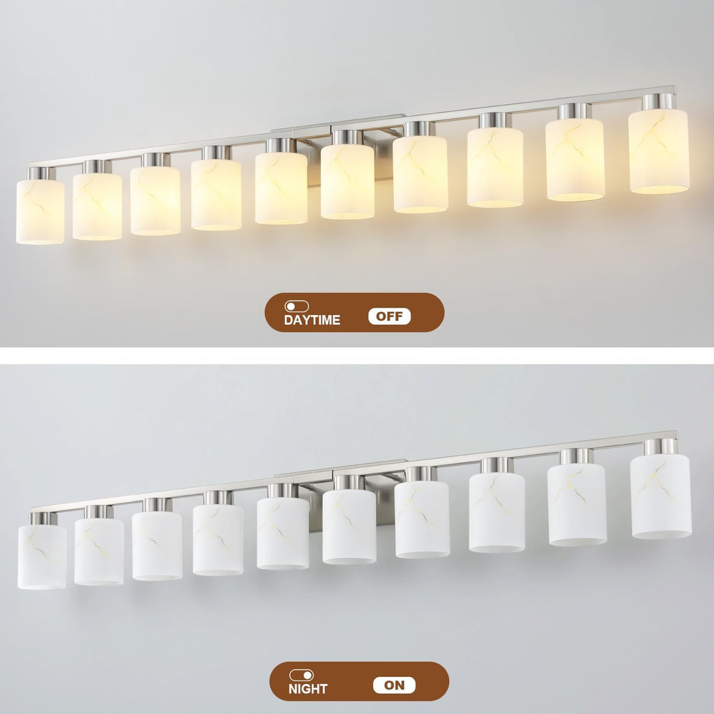10-Light Bathroom Light Fixtures, Modern Vanity Lights, Brushed Nickel Metal Wall Lamp with White Marble Glass for Bathroom, Mirror, Living Room, Bedroom, Cabinet, Porch, Hallway, E26 Base
