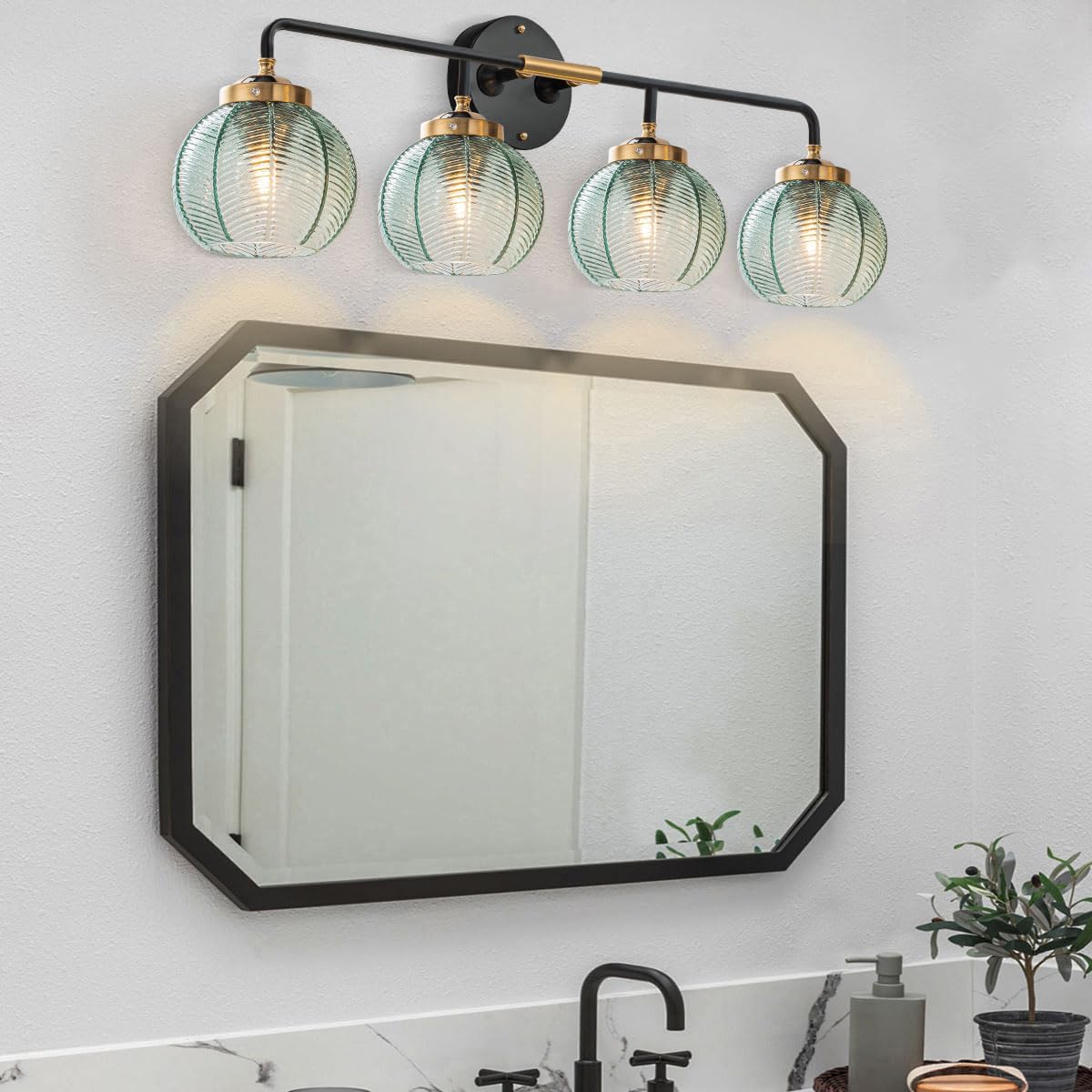 2-Pack Glass Wall 4-Lights Bathroom Vanity Light fixtures Green Glass Globe Shade Mid Century Modern Light Fixture Black Large Wall Sconce for Over Mirror Bath Living Room Cabinet