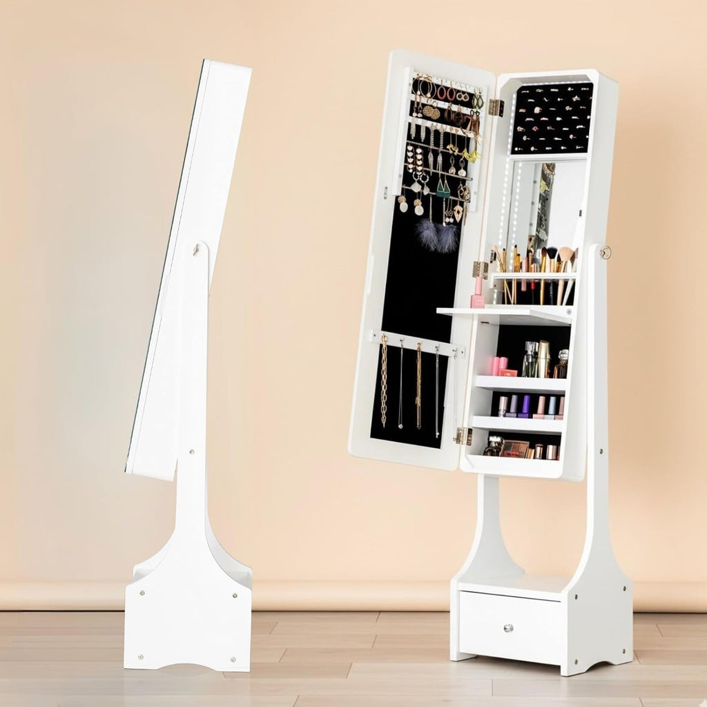 BTEXPERT Mirror Jewelry Cabinet Standing, Large Storage Jewelry Armoire, Full-Length Frameless Mirror with Jewelry Storage, 12 LED Lockable Standing Jewelry Organizer White
