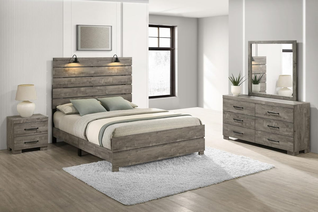 Best Quality Furniture 4Pc Antique Gray Wood Panel Bedroom Set with Headlamps