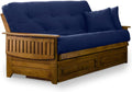 Nirvana Futons Brentwood Tray Arm Futon Frame, Drawers, and Navy Blue Mattress Set - Full, Rich Heritage Finish