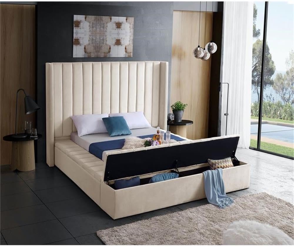 Meridian Furniture Kiki Collection Modern | Contemporary Velvet Upholsterd Bed with Channel Tufting, Siderails and Footboard Storage Compartments, Queen, Cream