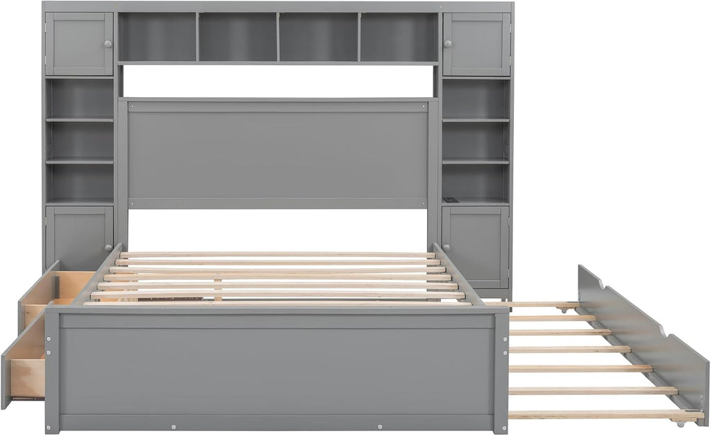 Merax Queen Size Wooden Bed with All-in-One Cabinet and Shelf, Gray Platform Bed Frame with 2 Drawers, Trundle and Sockets
