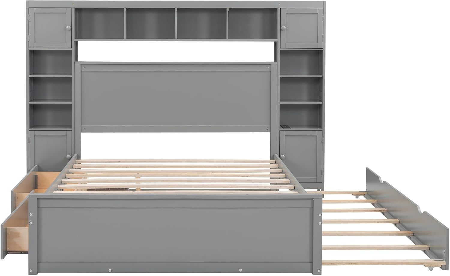 Merax Queen Size Wooden Bed with All-in-One Cabinet and Shelf, Gray Platform Bed Frame with 2 Drawers, Trundle and Sockets