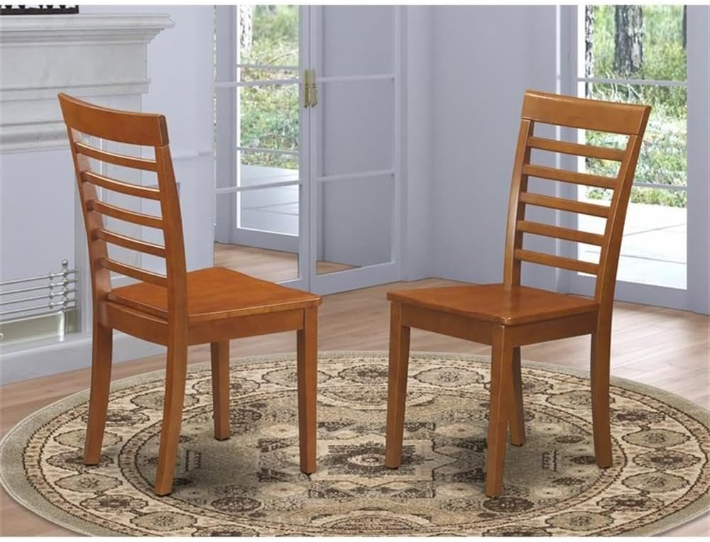 East West Furniture MLC-SBR-W Milan Kitchen Dining Chairs - Ladder Back Solid Wood Seat Chairs, Set of 2, Saddle Brown