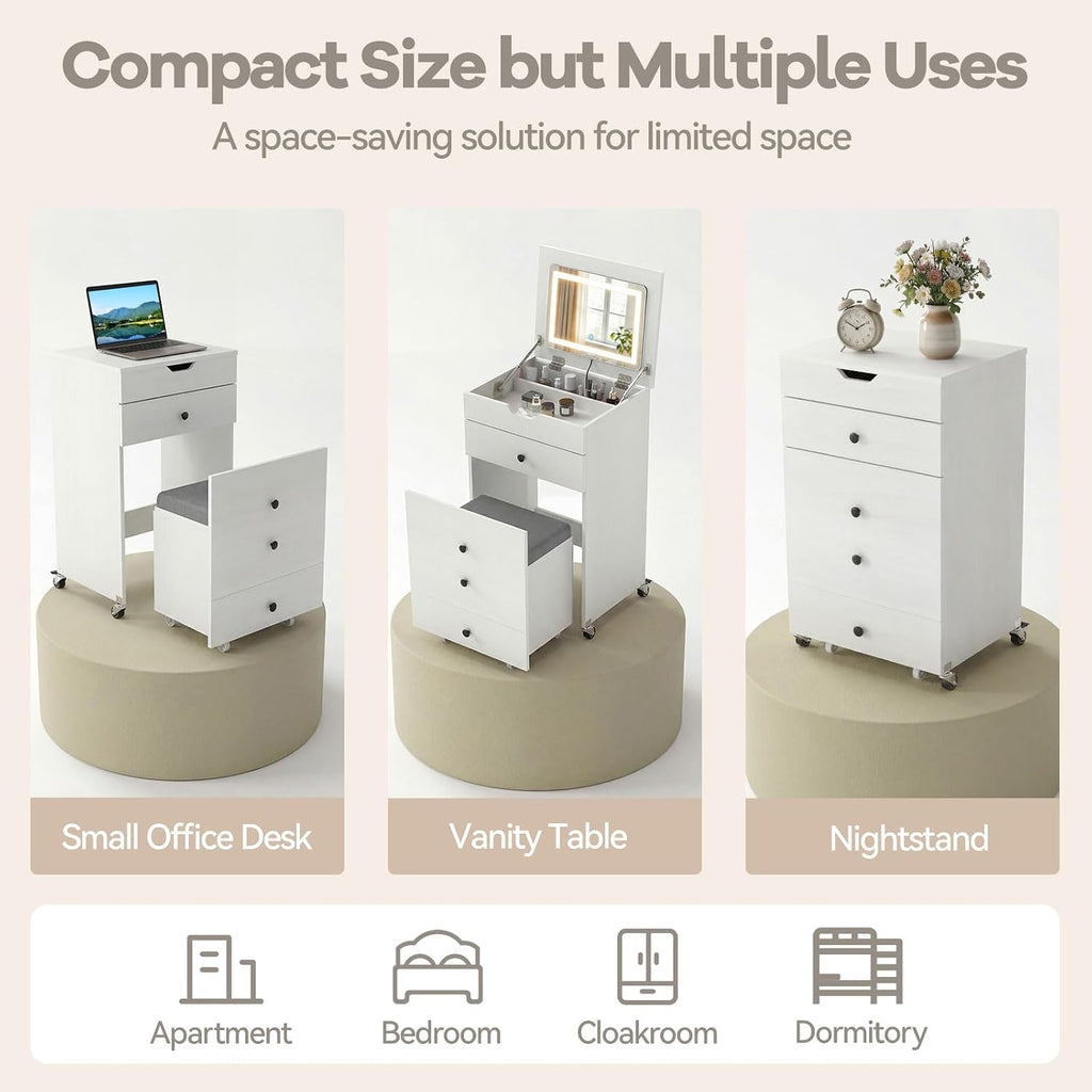 CHARMAID 3-in-1 Vanity Desk with Flip-Top LED Mirror, Rolling Stool with Hidden Storage & Drawer, 20 inch Compact Modern Makeup Vanity Table for Bedroom & Apartment, White