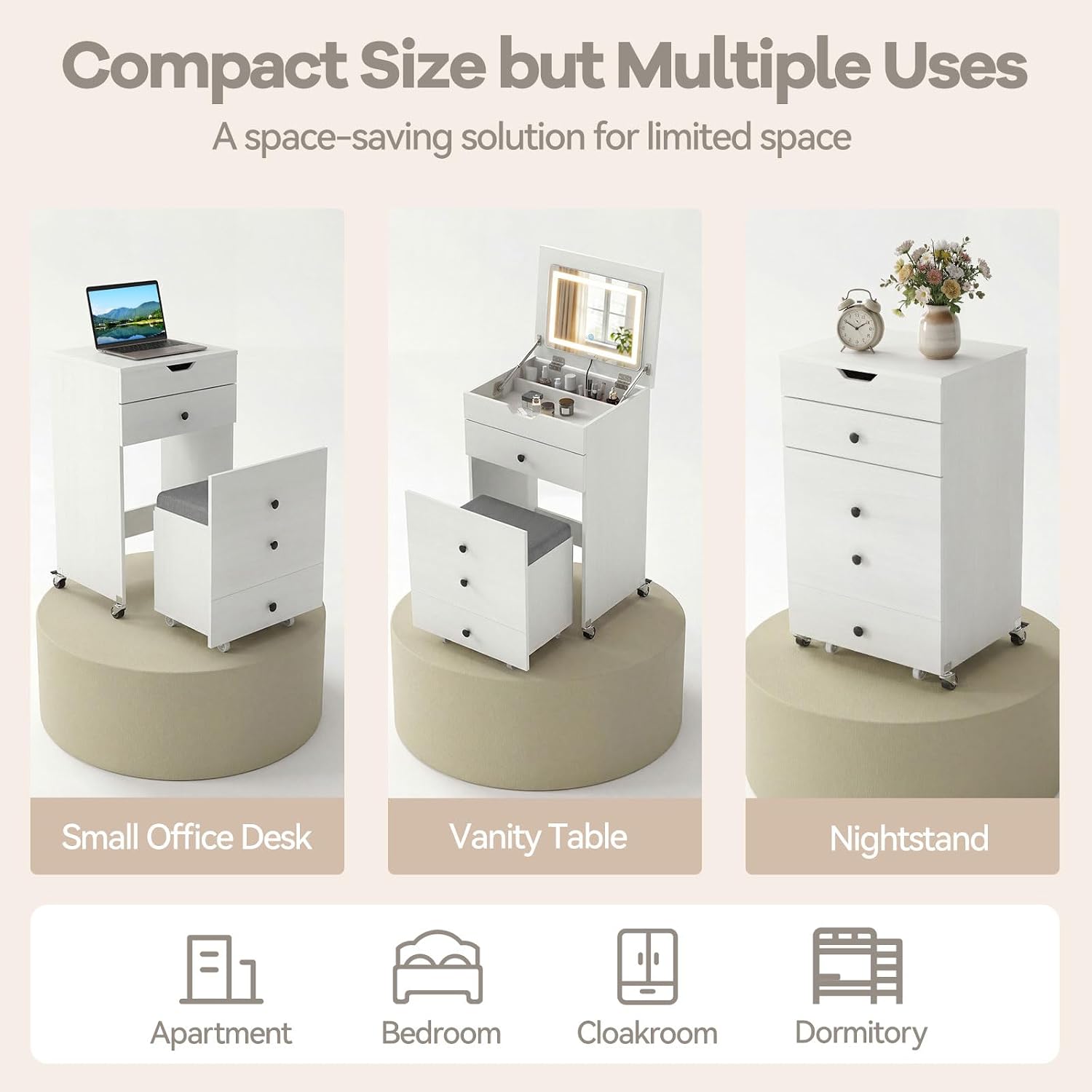 CHARMAID 3-in-1 Vanity Desk with Flip-Top LED Mirror, Rolling Stool with Hidden Storage & Drawer, 20 inch Compact Modern Makeup Vanity Table for Bedroom & Apartment, White
