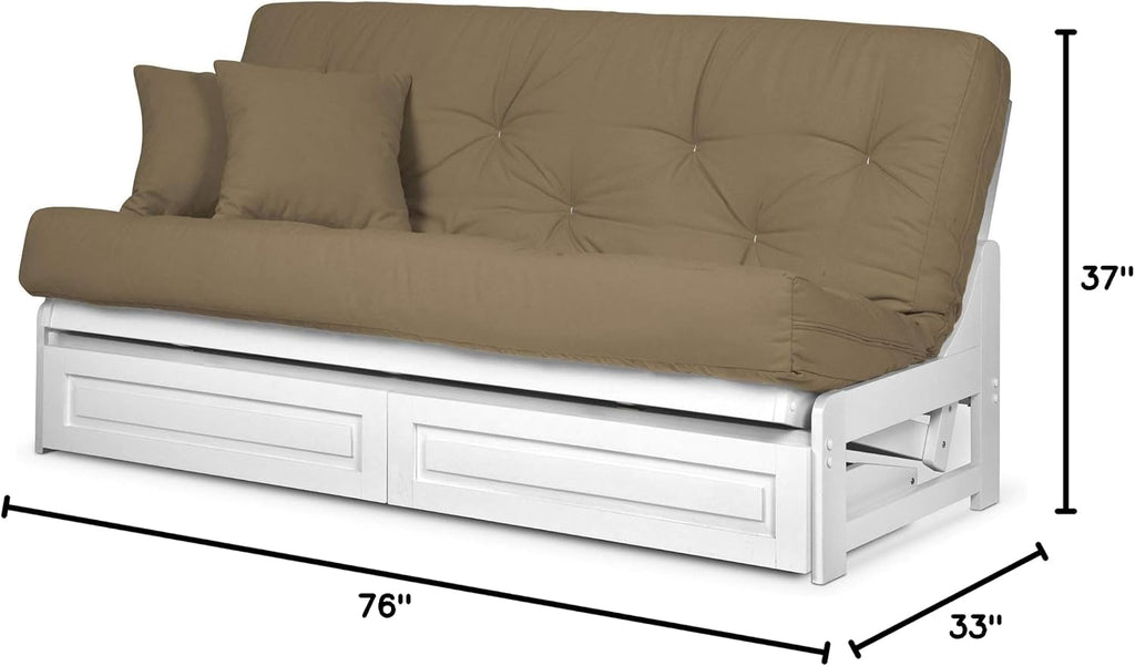 Nirvana Futons Arden White Futon with Storage Drawers Full or Queen Size - Space Saving Armless Design with Comfortable Mattress Included (Microfiber Sussex Khaki), Sofa Bed Available in