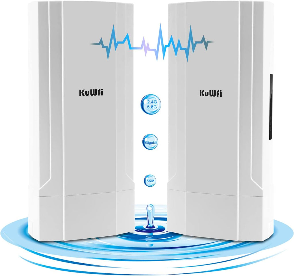KuWFi Gigabit Wireless Bridge, 1200Mbps WiFi Bridge Point to Point Outdoor, 2.4&5.8G Long Range WiFi Bridge CPE with Panel Antenna Up to 5KM with 48V PoE Power[2-Pack]