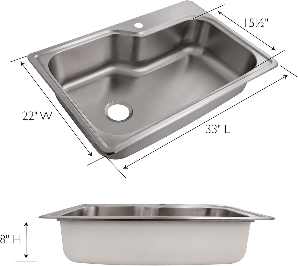 33-Inch Handmade Stainless Steel Single Bowl Drop-In Kitchen Sink, 18-Gauge with Single-Hole Faucet Compatibility – Design House, 113118