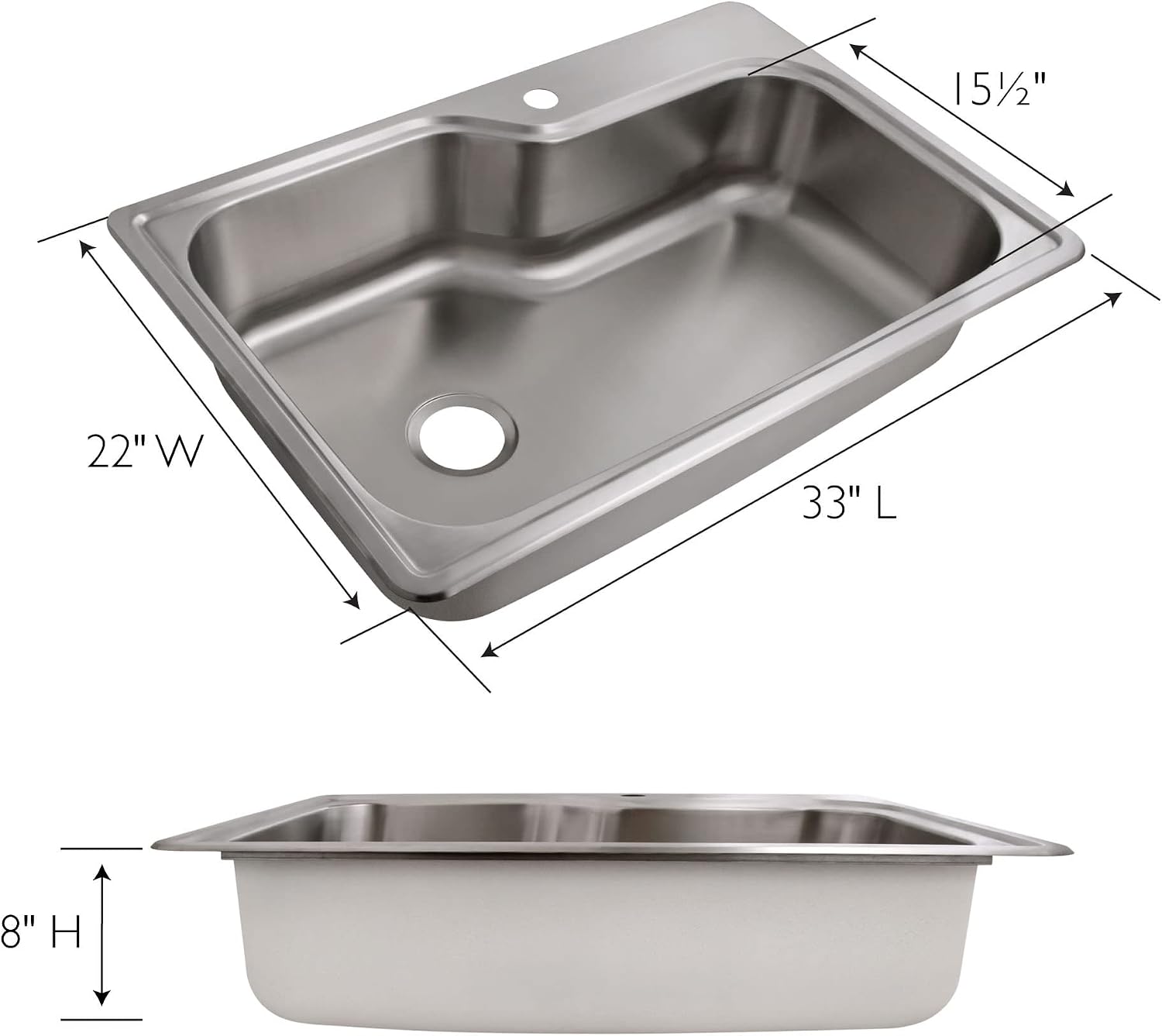 33-Inch Handmade Stainless Steel Single Bowl Drop-In Kitchen Sink, 18-Gauge with Single-Hole Faucet Compatibility – Design House, 113118