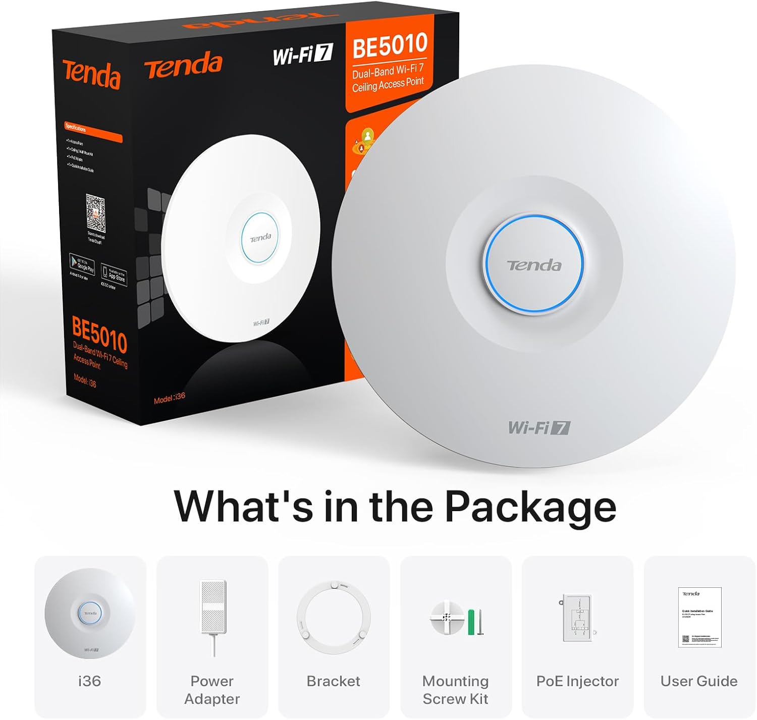 Tenda BE5010 WiFi 7 Wireless Access Point | Ceiling Mount Access Point for Future-Proof Business Network | 2.5G PoE+ Port | DC Adapter Included | Cloud Managed | WPA3 | VLAN | Seamless Roaming (i36)