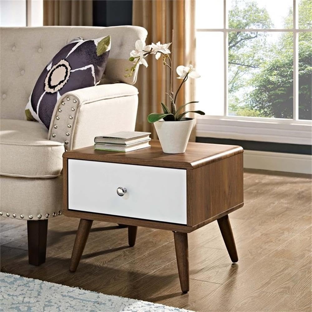 Pemberly Row Set of 2 Modern Full Bed in Black and Nightstand in Walnut/White