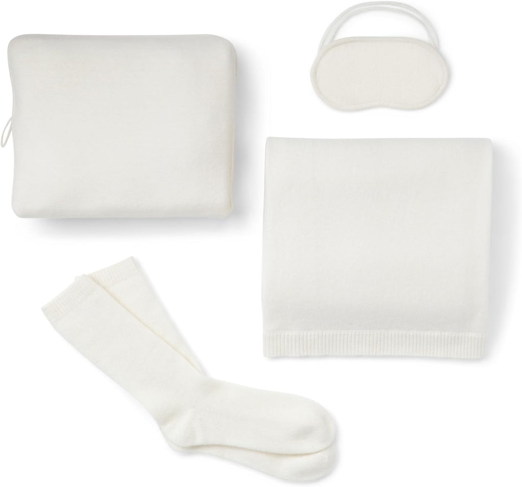 Jet&Bo 100% Pure Cashmere Travel Set: Blanket, Eye Mask, Socks, Carry/Pillow Case Ivory in Gift Box