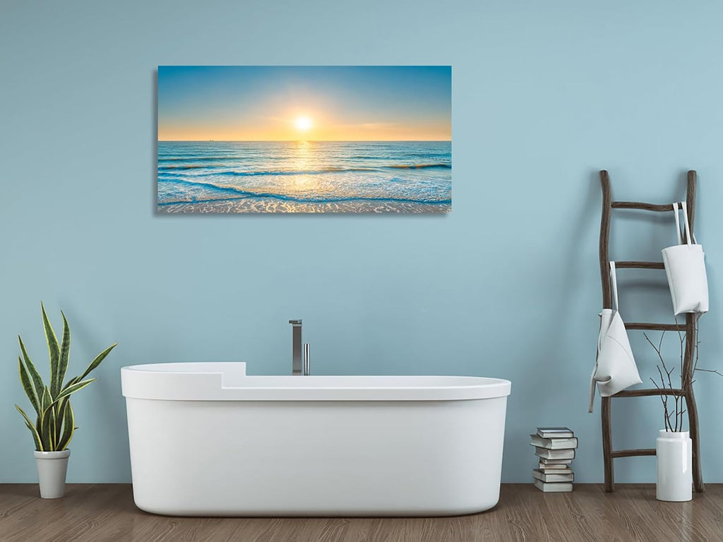 Wall Art Canvas Painting Blue Sea Beautiful Seascape 1 Piece Ocean Sunset Waves Picture Poster Print Framed Ready to Hang for Living Room Bedroom Artework 71x36inch