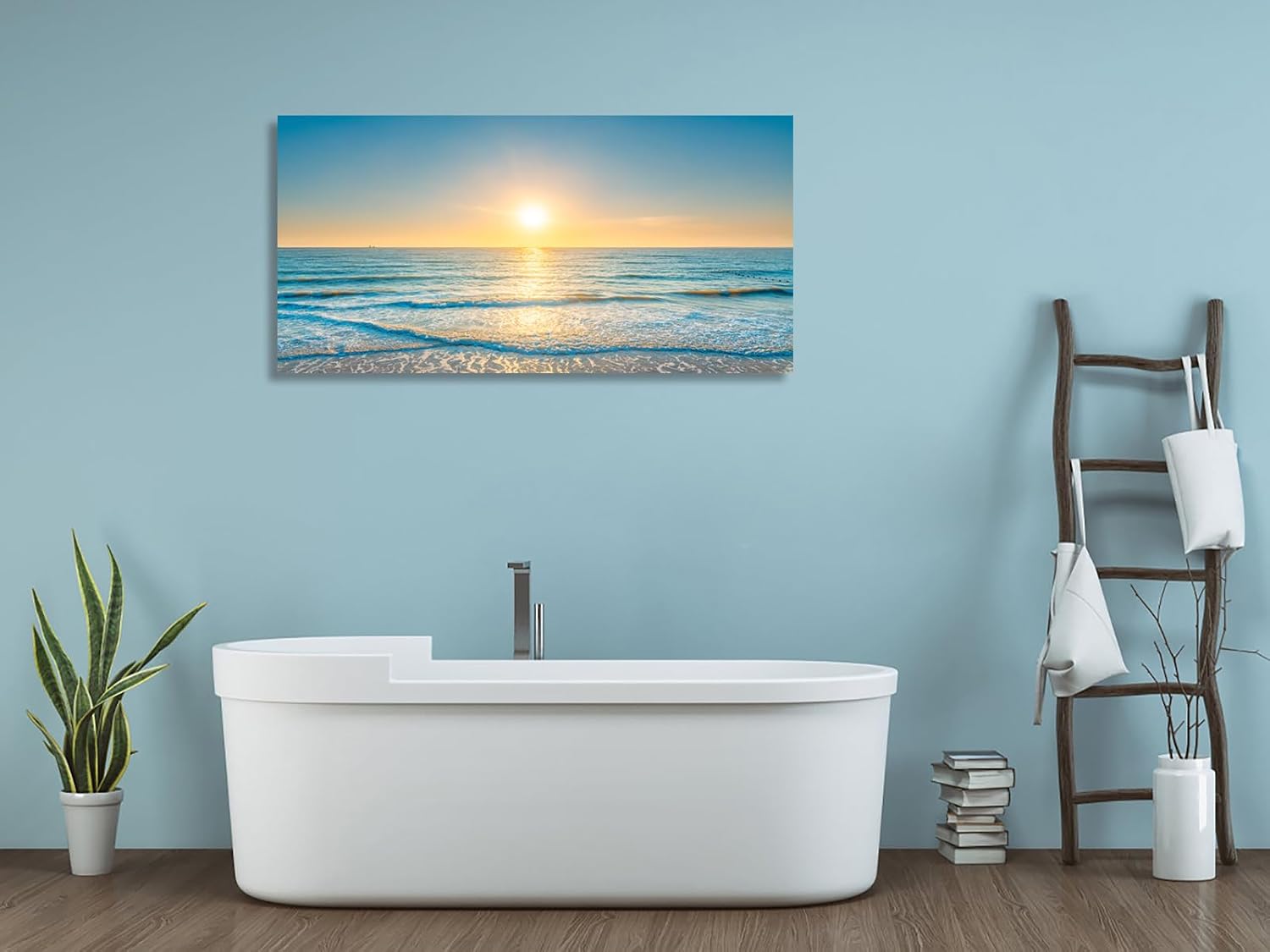 Wall Art Canvas Painting Blue Sea Beautiful Seascape 1 Piece Ocean Sunset Waves Picture Poster Print Framed Ready to Hang for Living Room Bedroom Artework 71x36inch