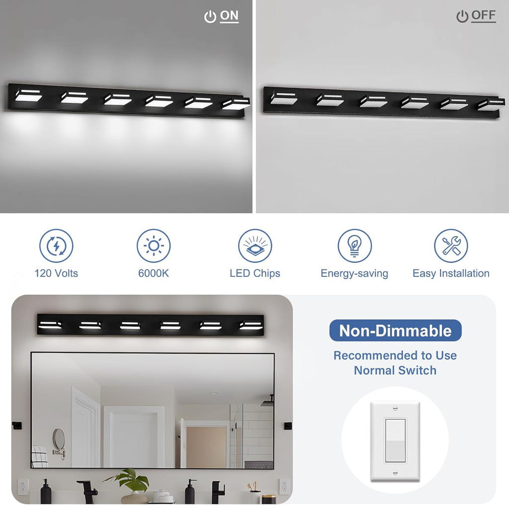 LED Modern Bathroom Light Fixtures, 6-Light 48-Inch Matte Black Vanity Lights for Bathroom Lighting Fixtures Over Mirror, 6000K Cool White 350° Rotatable Wall Lamp