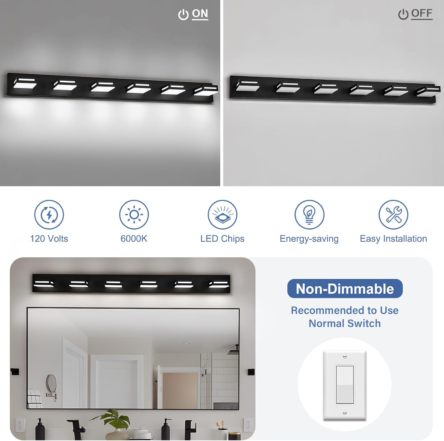 LED Modern Bathroom Light Fixtures, 6-Light 48-Inch Matte Black Vanity Lights for Bathroom Lighting Fixtures Over Mirror, 6000K Cool White 350° Rotatable Wall Lamp