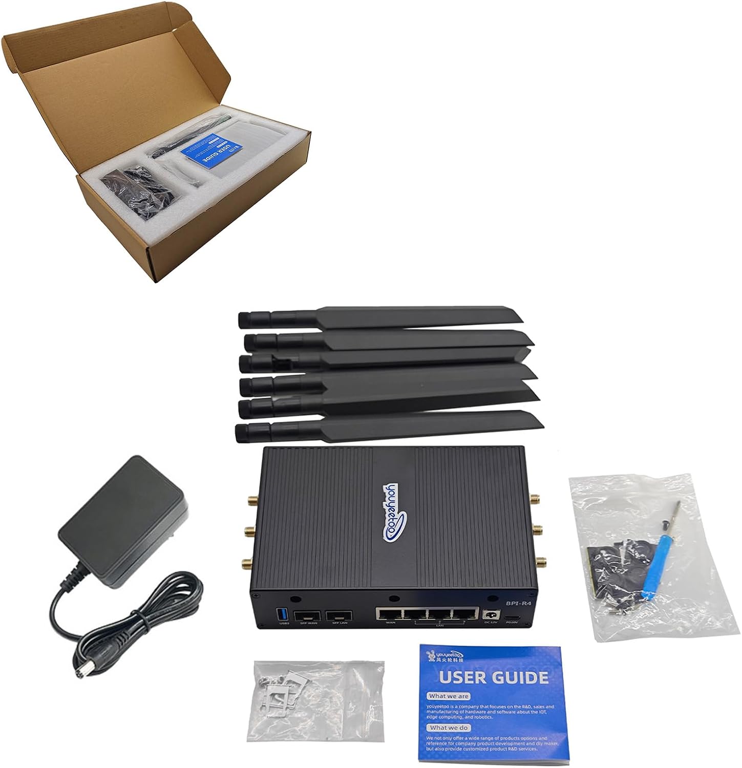 youyeetoo Banana Pi BPI-R4 WiFi 7 Router/Openwrt Router Development Board - Fully Assembled, Use Out of The Box, MediaTek MT7988A Chip, 4GB RAM, 8GB eMMC, 2X 10Gbe SFP Slots, 4X Gbe Ports, Metal Case