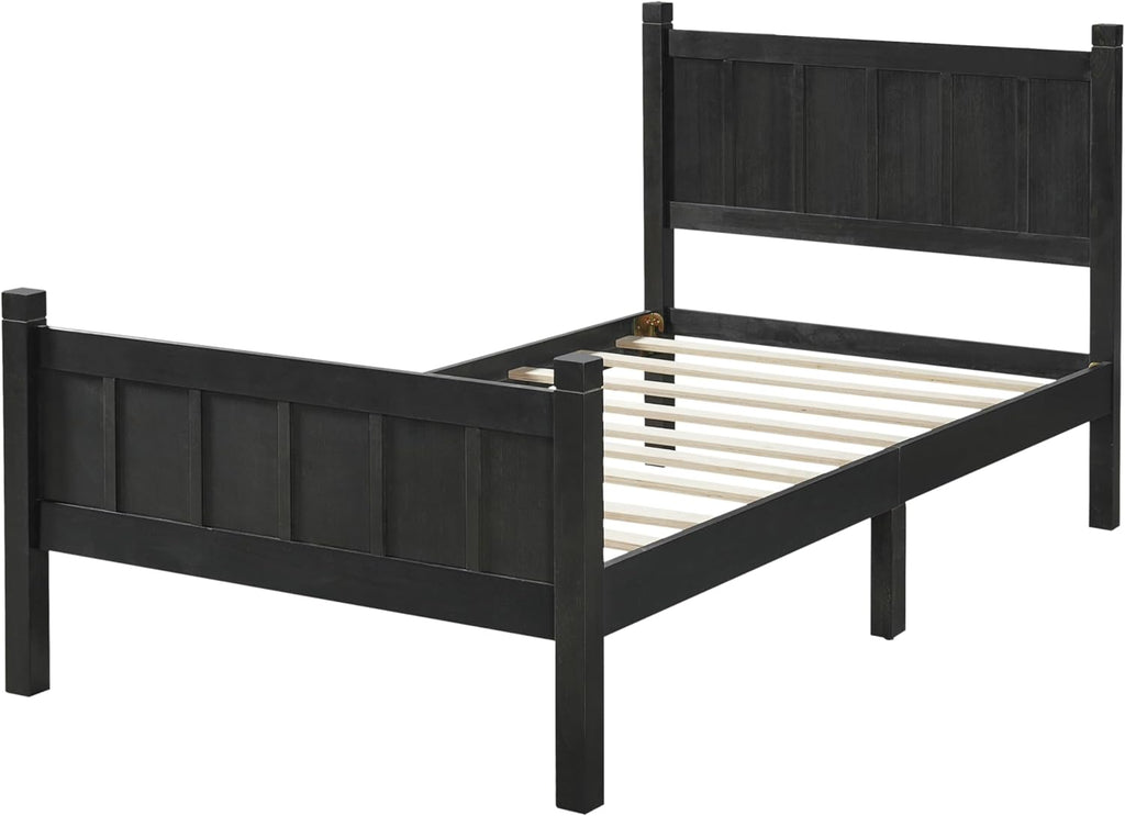 Twin Size Flat Panel Bed with Headboard & Footboard – Minimalist Modern Platform Bed with Wood Grain Finish, Shaker & Farmhouse, 11.5' Under-Bed Storage, Sleek & Functional (Black3, Twin)