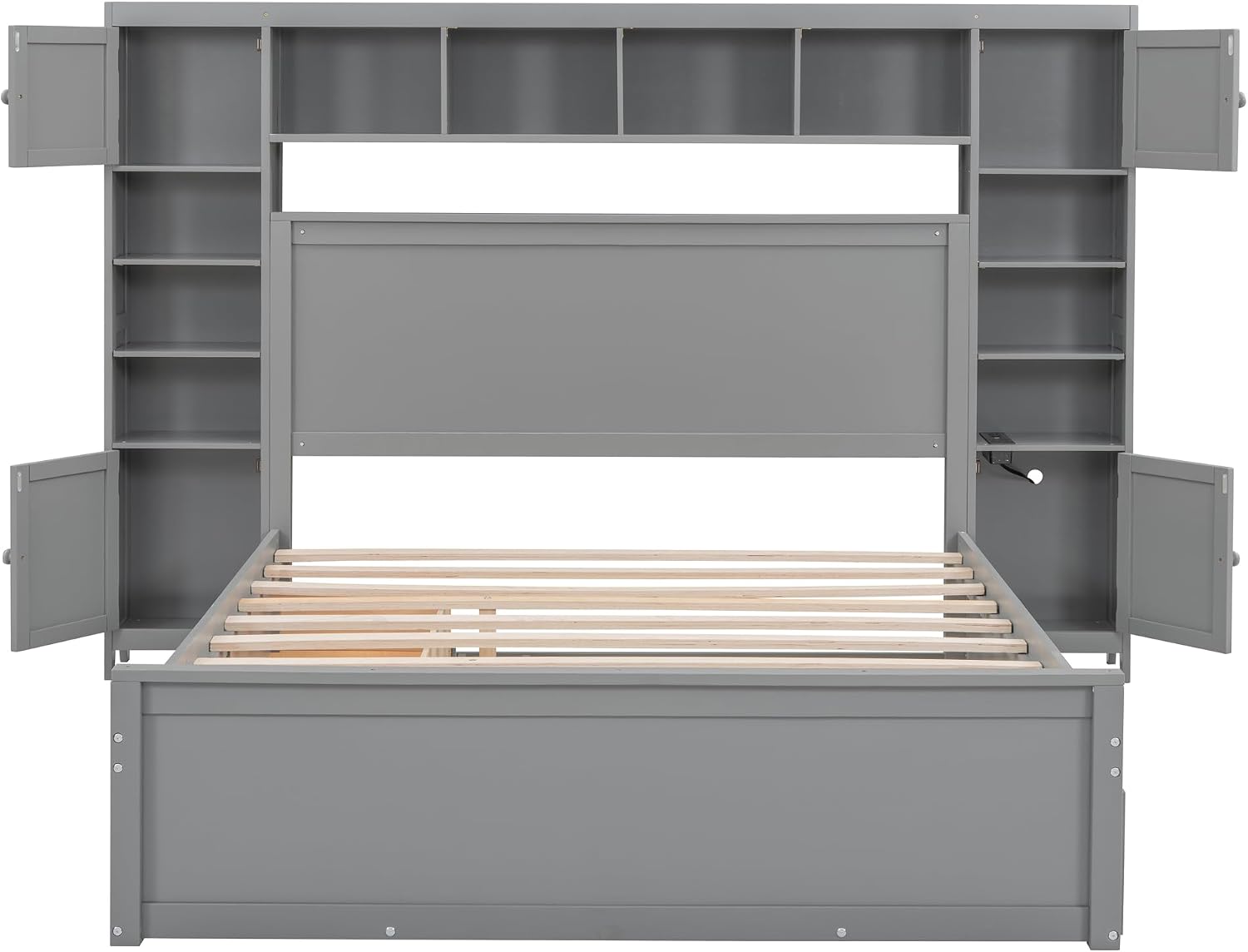 Merax Queen Size Wooden Bed with All-in-One Cabinet and Shelf, Gray Platform Bed Frame with 2 Drawers, Trundle and Sockets