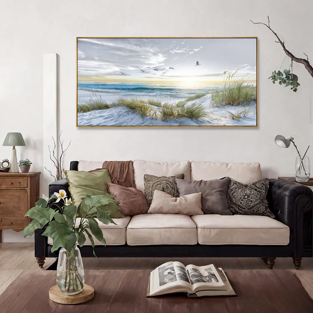 Canvas Prints Wall Art Beach Sunrise Ocean Waves Beach Grass Nature Pictures Stretched Canvas Wooden Framed for living Room Bedroom and Office Home Decor 24'x48' with Framed