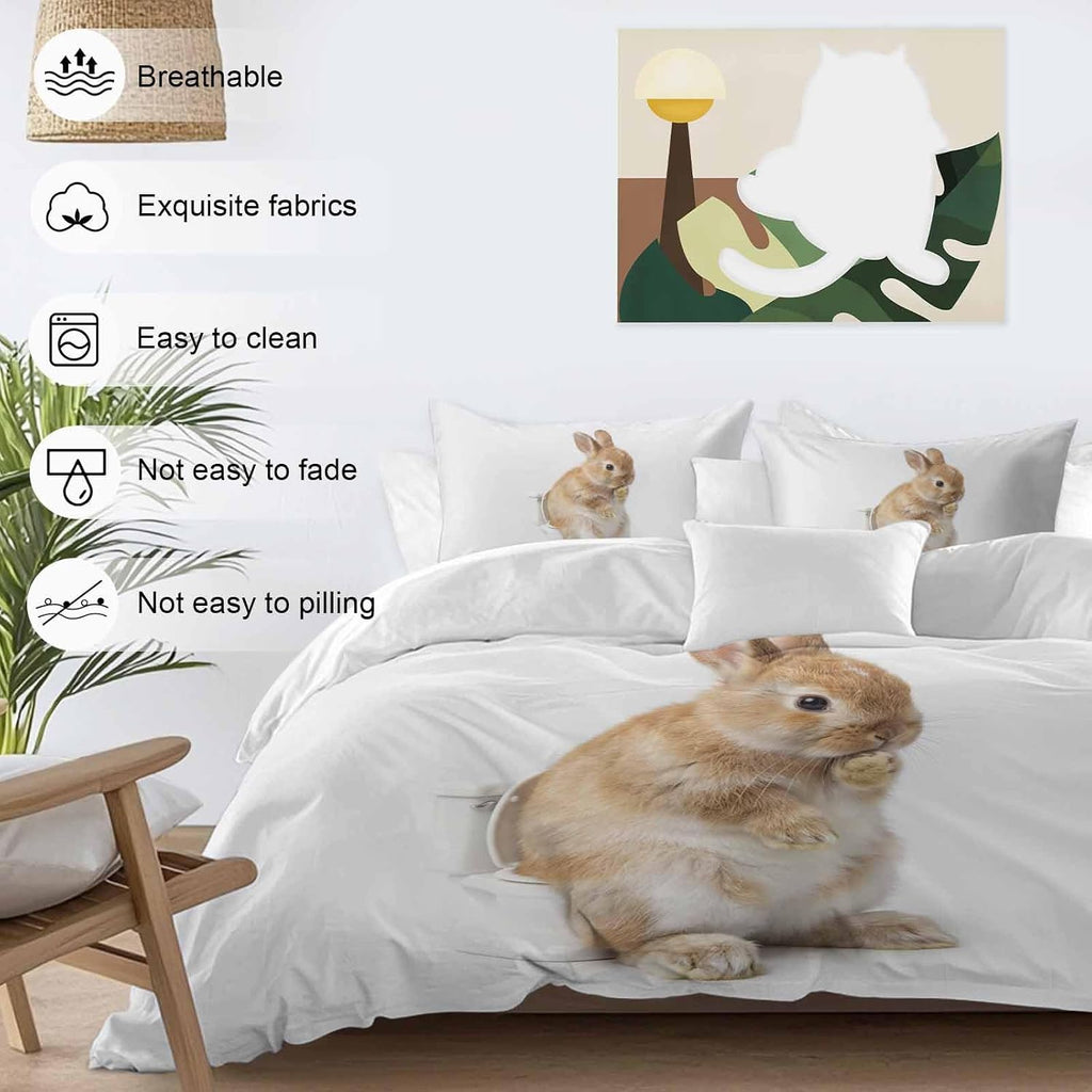 Rabbit Sitting on The Toilet Thinking Duvet Cover Set Queen Size 4 Pieces Abstract Funny Animal Bedding Set with Zipper Closure, 1 Comforter Cover 92x106 Inches 1 Flat Sheet & 2 Pillow Cases
