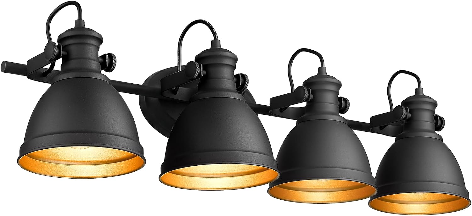 Bathroom Light Fixtures, 4-Light Industrial Vanity Lights with Black Metal Shade, Rustic Bathroom Lighting Fixtures Over Mirror, Wall Mounted, AD-2151-4W