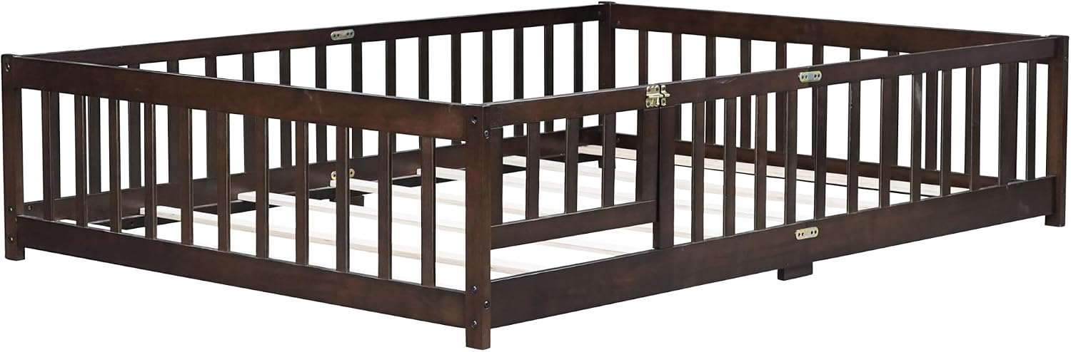 PVWIIK Full Size Floor Bed with Fence and Door,Easy to Assemble Wood Bedstead,Platform Bed w/Safety Guardrails/Near the Ground,Espresso