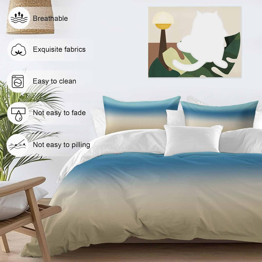 Prime Leader Gradient Blue Duvet Cover Set Queen Size 4 Pieces Modern Minimalist Blue Brown Ocean Beach Bedding Set with Zipper Closure, 1 Comforter Cover 90x92 Inches 1 Flat Sheet & 2 Pillow Cases